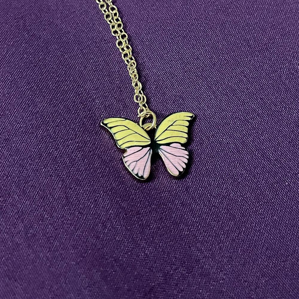 NWOT Girls Pink and Yellow Multi-colored Butterfly Pendant Necklace with Chain